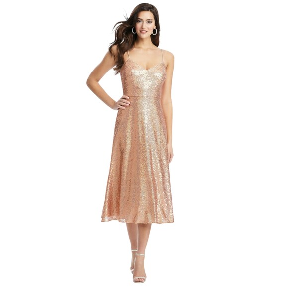 Dessy Collections 3067 Size 8 Party Elegant Rose Gold NWT Wedding Sequin Midi - Picture 1 of 12